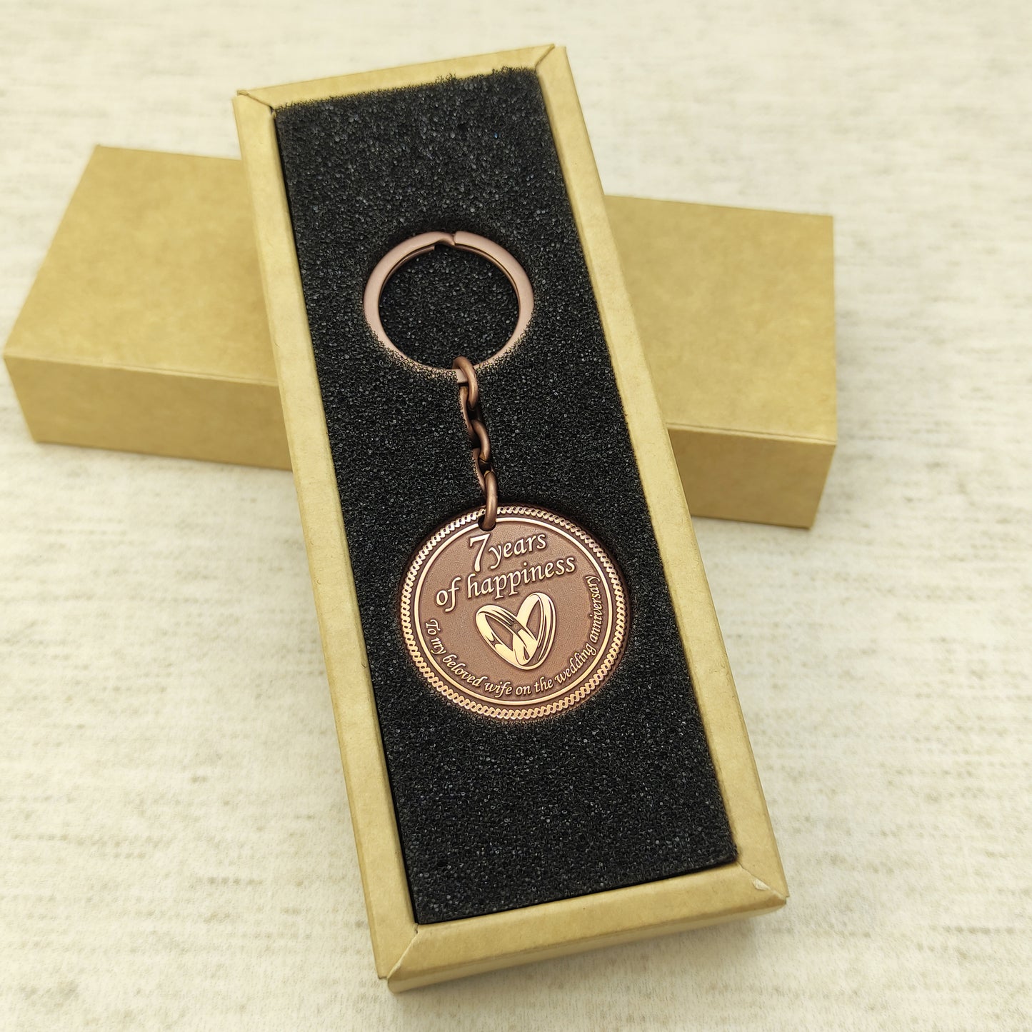 Copper Keychain Coin "7 Years of Happiness" — Personalized 7th Wedding Anniversary Gift for Wife