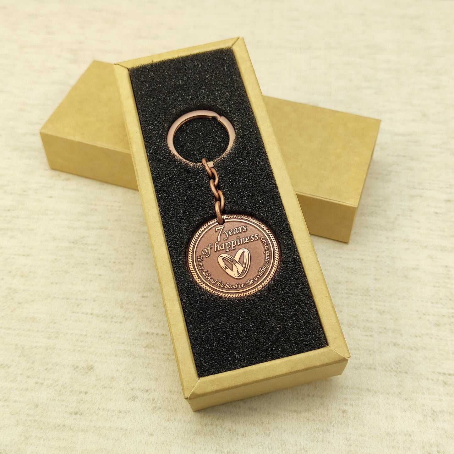 Copper Keychain Coin "7 Years of Happiness" — Personalized 7th Wedding Anniversary Gift for Husband