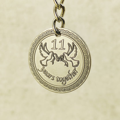 Personalized Steel Coin Keychain for 11th Wedding Anniversary - Steel Anniversary Gift for Couple