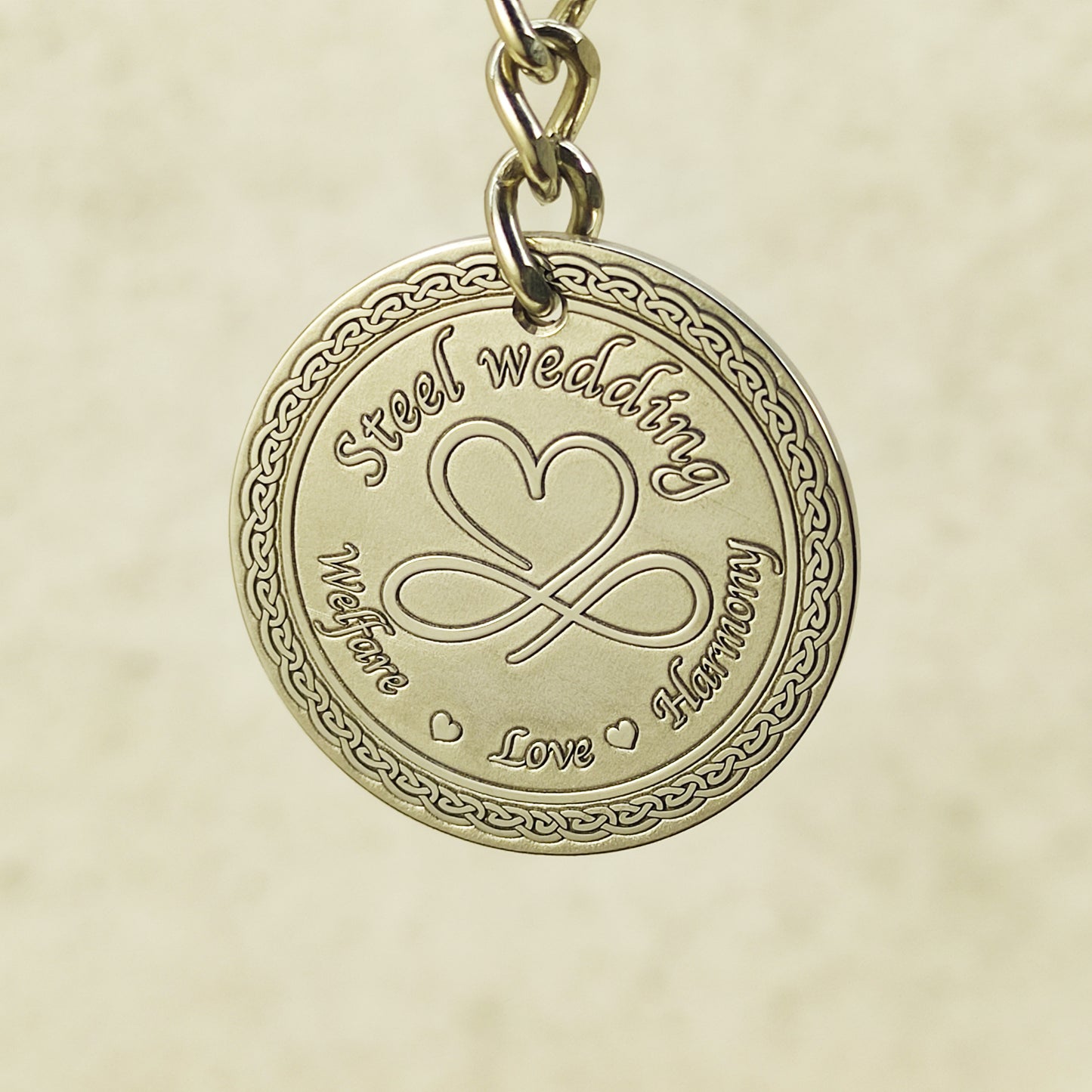 Steel Coin Keychain "Steel Wedding" with Engraving — Personalized 11th Wedding Anniversary Gift