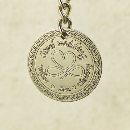 Steel Coin Keychain "Steel Wedding" with Engraving — Personalized 11th Wedding Anniversary Gift