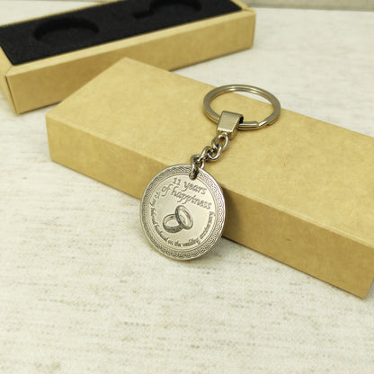 Stainless Steel 11th Wedding Anniversary Coin Keychain - Personalized Engraved Gift for Husband
