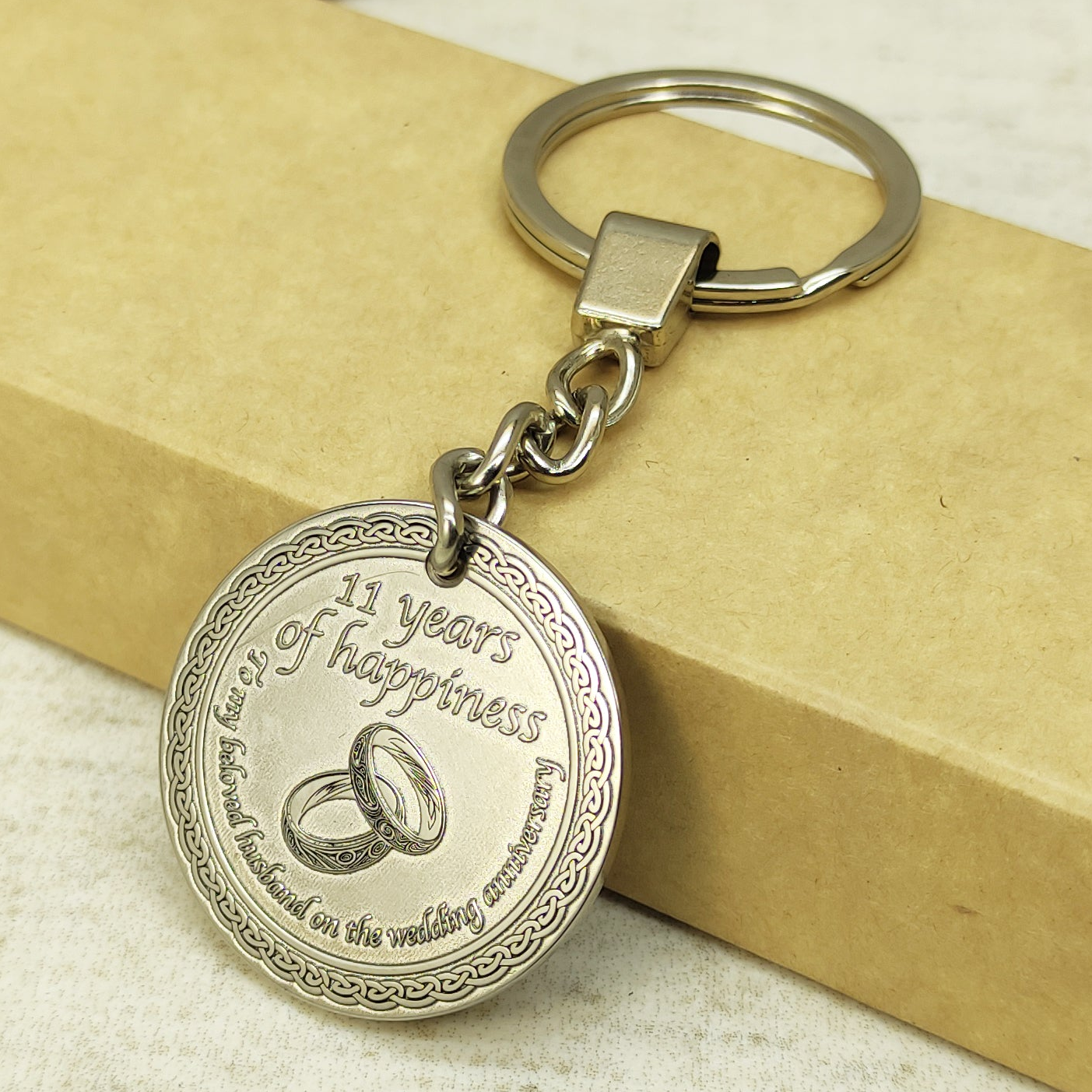 Stainless Steel 11th Wedding Anniversary Coin Keychain - Personalized Engraved Gift for Husband