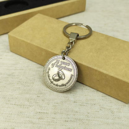 Stainless Steel 11th Wedding Anniversary Coin Keychain - Personalized Engraved Gift for Wife