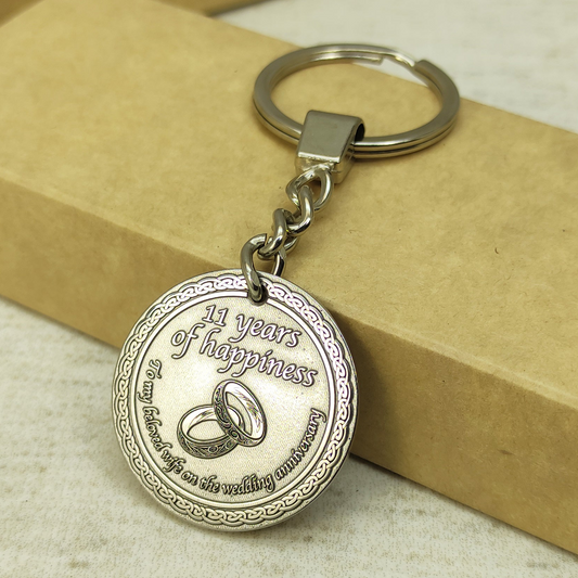Stainless Steel 11th Wedding Anniversary Coin Keychain - Personalized Engraved Gift for Wife