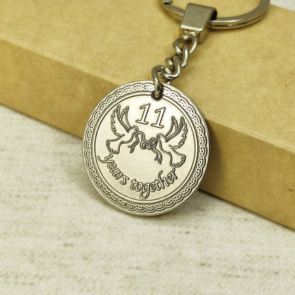 Personalized Steel Coin Keychain for 11th Wedding Anniversary - Steel Anniversary Gift for Couple