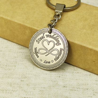 Steel Coin Keychain "Steel Wedding" with Engraving — Personalized 11th Wedding Anniversary Gift