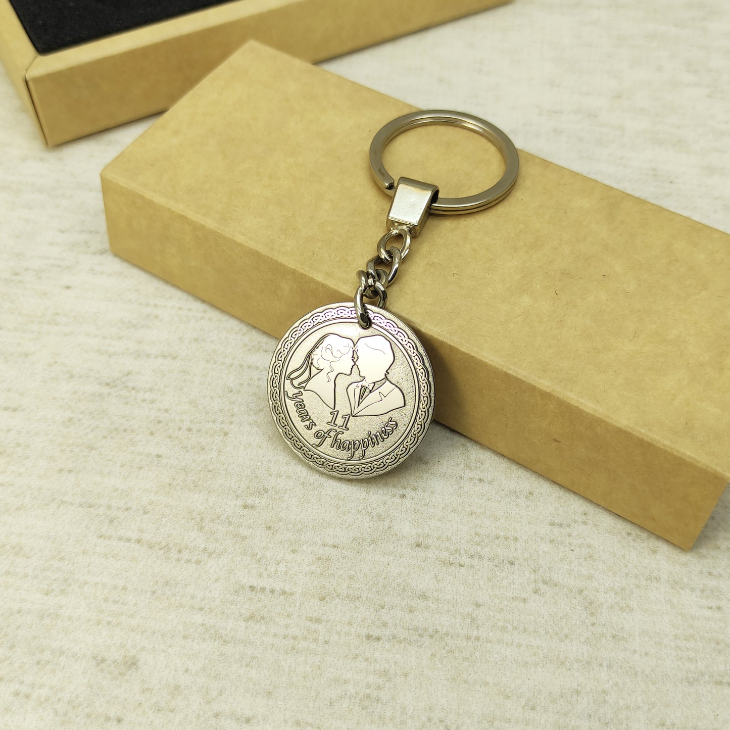 Stainless Steel 11th Wedding Anniversary Coin Keychain - Personalized Engraved Gift for Steel Anniversary