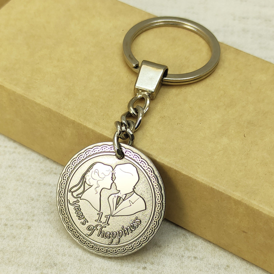 Stainless Steel 11th Wedding Anniversary Coin Keychain - Personalized Engraved Gift for Steel Anniversary