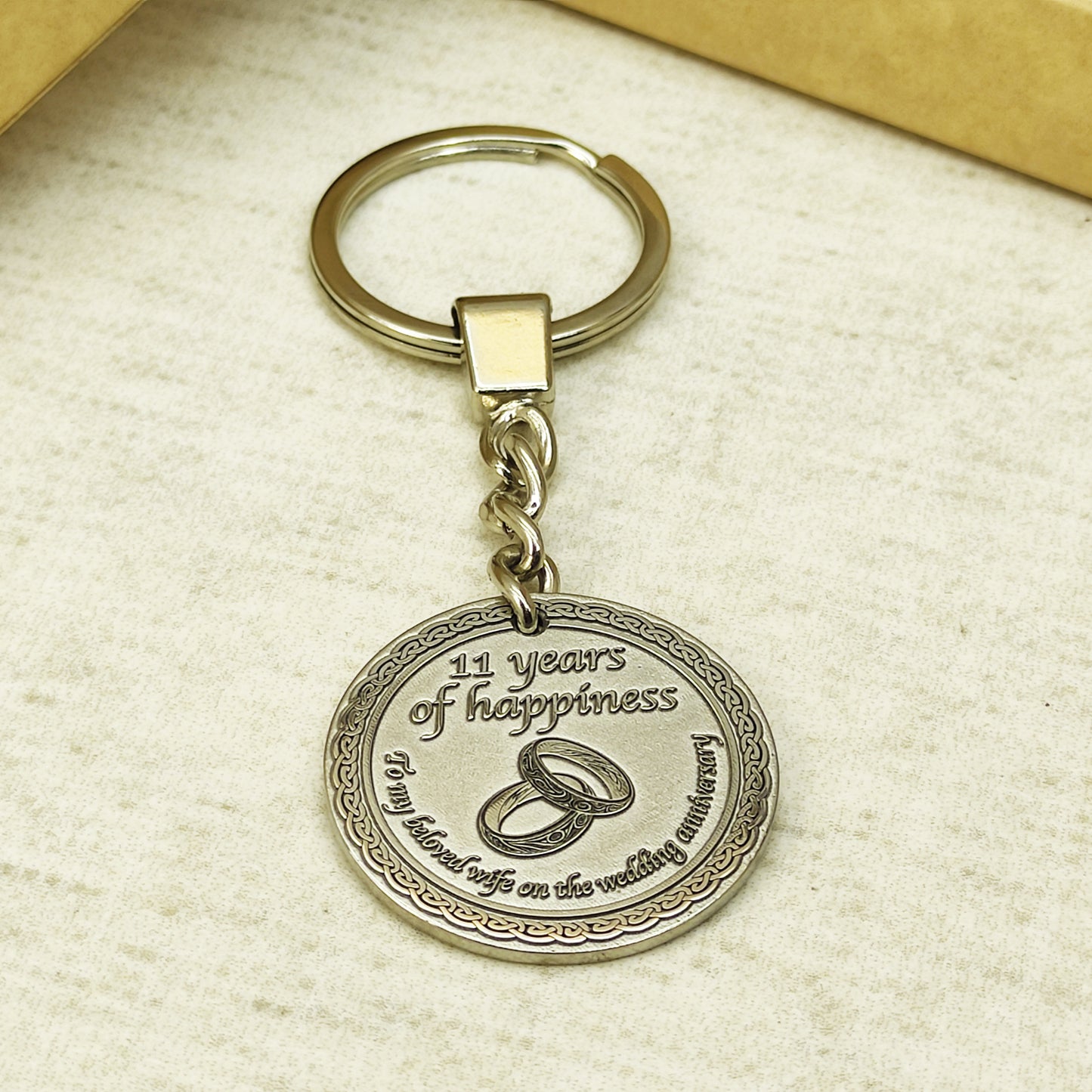 Stainless Steel 11th Wedding Anniversary Coin Keychain - Personalized Engraved Gift for Wife