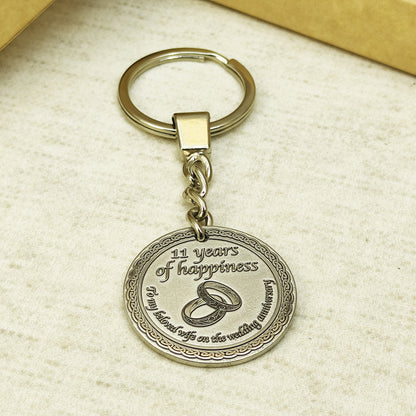 Stainless Steel 11th Wedding Anniversary Coin Keychain - Personalized Engraved Gift for Wife