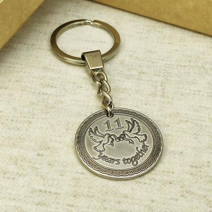 Personalized Steel Coin Keychain for 11th Wedding Anniversary - Steel Anniversary Gift for Couple