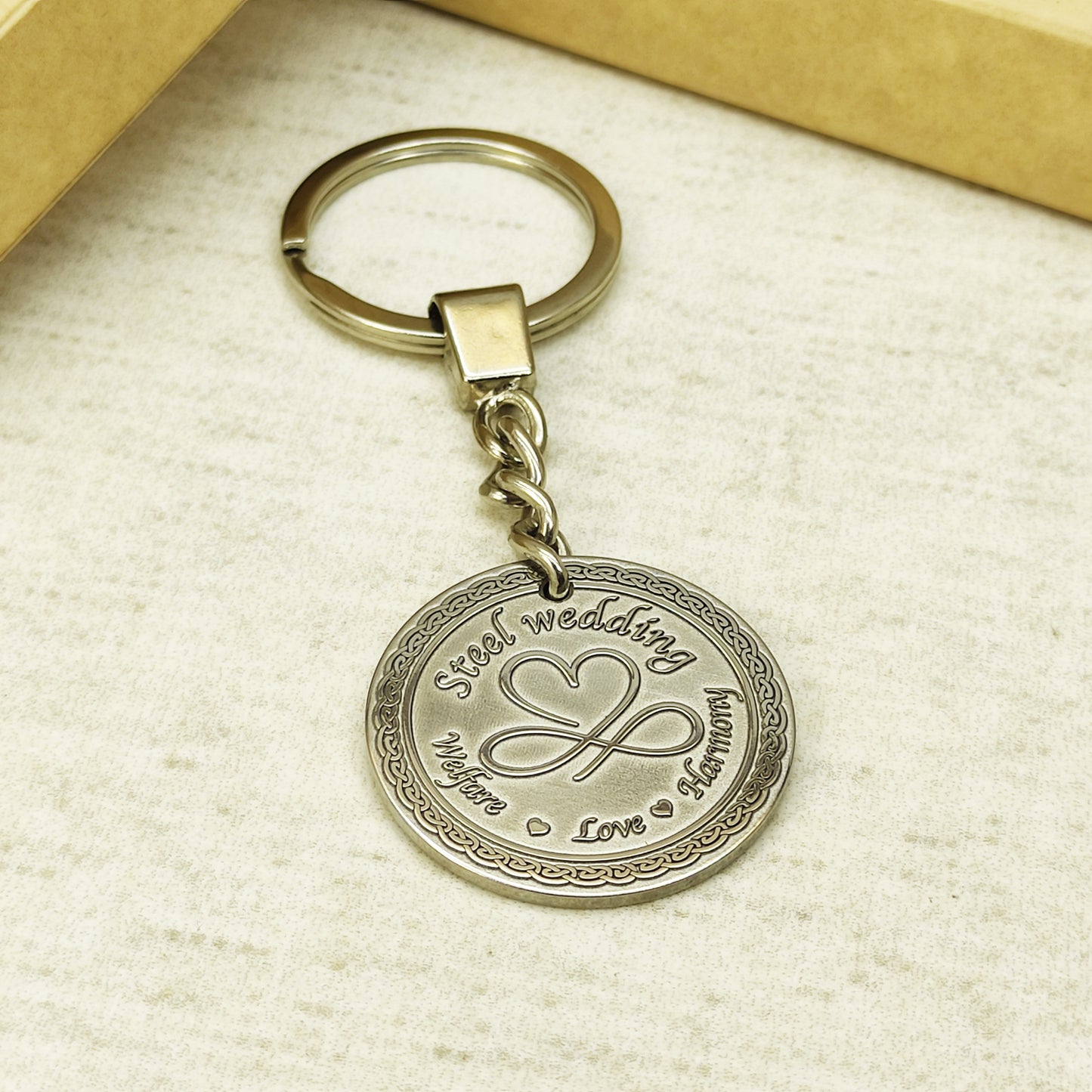 Steel Coin Keychain "Steel Wedding" with Engraving — Personalized 11th Wedding Anniversary Gift