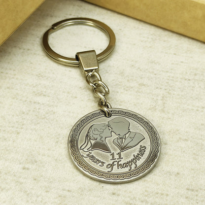 Stainless Steel 11th Wedding Anniversary Coin Keychain - Personalized Engraved Gift for Steel Anniversary