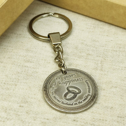 Stainless Steel 11th Wedding Anniversary Coin Keychain - Personalized Engraved Gift for Husband