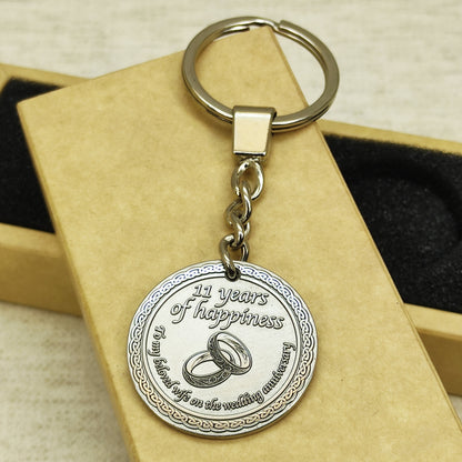 Stainless Steel 11th Wedding Anniversary Coin Keychain - Personalized Engraved Gift for Wife
