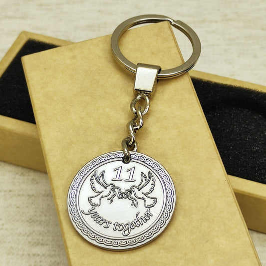 Personalized Steel Coin Keychain for 11th Wedding Anniversary - Steel Anniversary Gift for Couple
