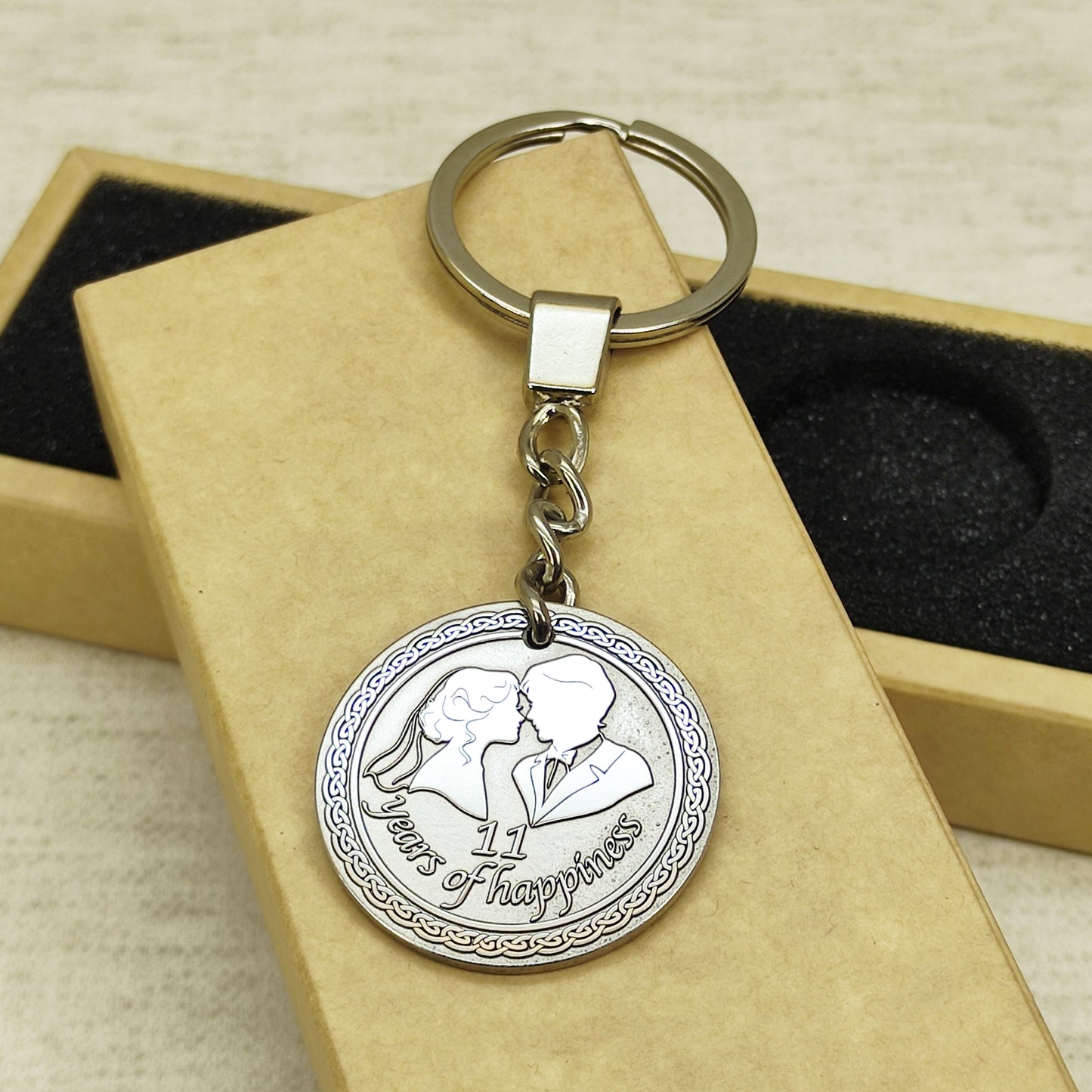 Stainless Steel 11th Wedding Anniversary Coin Keychain - Personalized Engraved Gift for Steel Anniversary