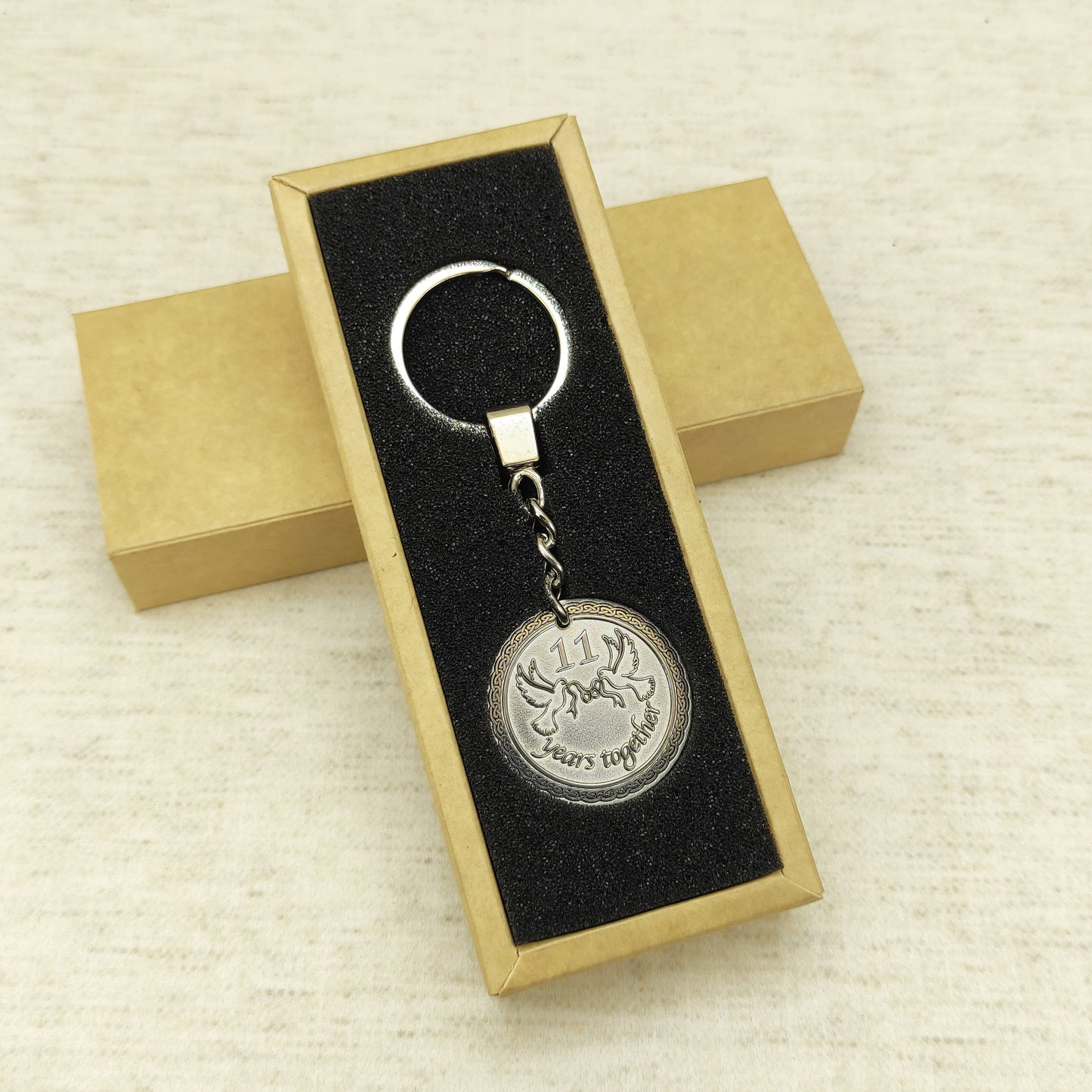 Personalized Steel Coin Keychain for 11th Wedding Anniversary - Steel Anniversary Gift for Couple