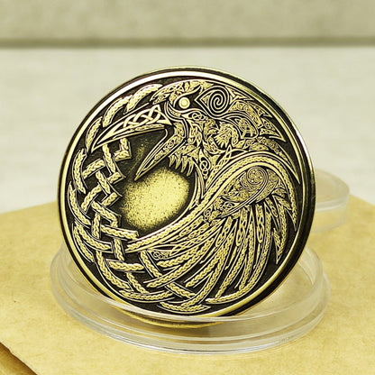 Brass Odin’s Ravens Huginn & Muninn Coin — Norse Gift with Personalization