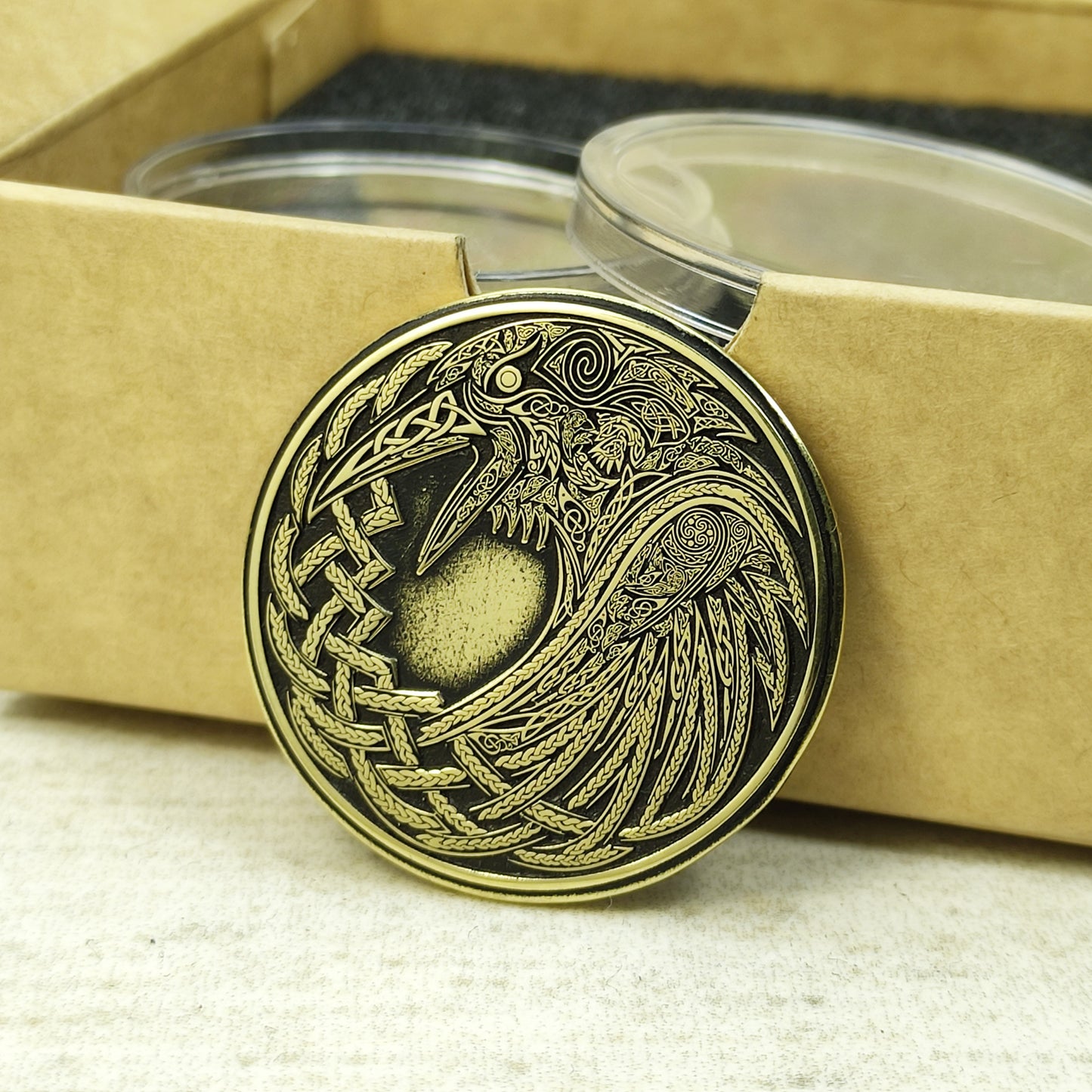 Brass Odin’s Ravens Huginn & Muninn Coin — Norse Gift with Personalization