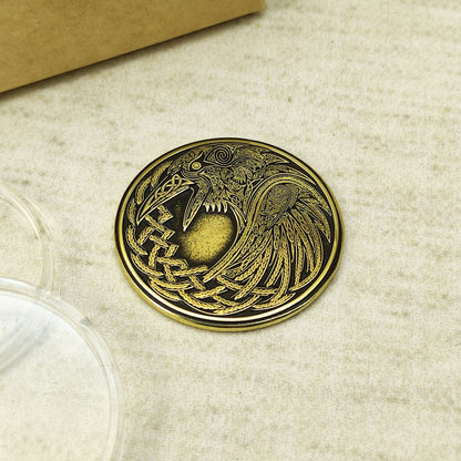 Brass Odin’s Ravens Huginn & Muninn Coin — Norse Gift with Personalization