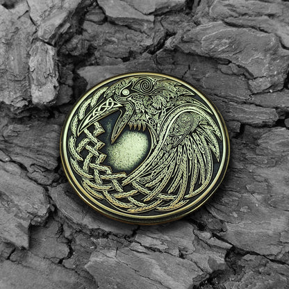 Brass Odin’s Ravens Huginn & Muninn Coin — Norse Gift with Personalization
