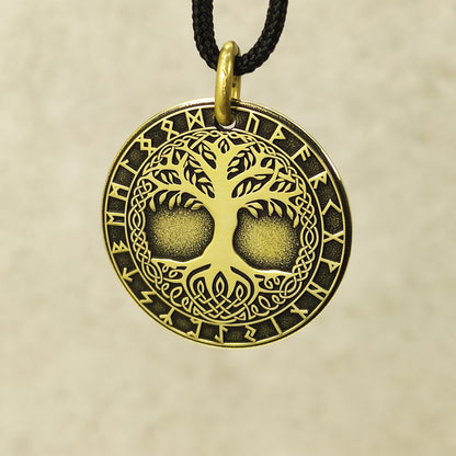 Brass Tree of Life Rune Coin Pendant with Personalization
