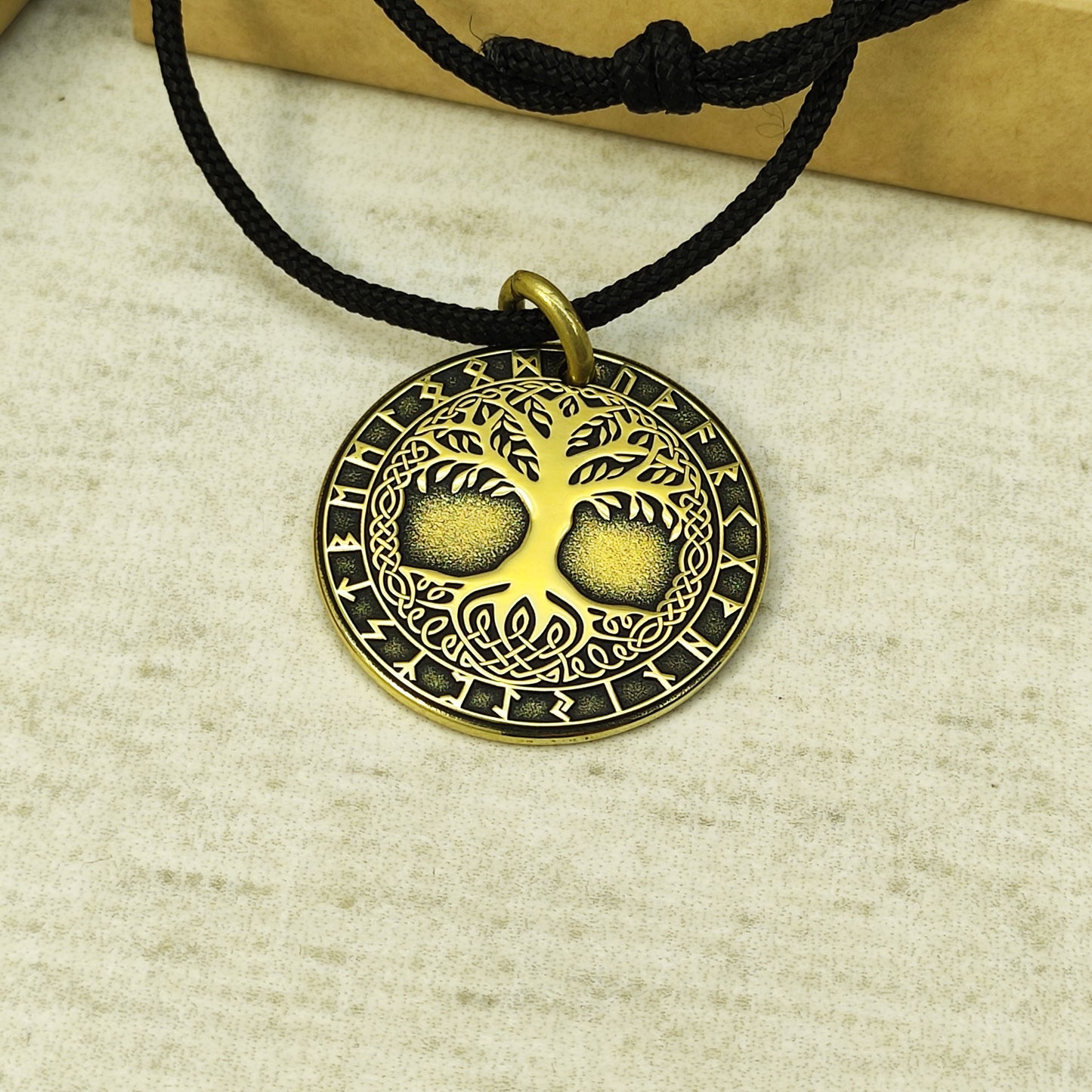 Brass Tree of Life Rune Coin Pendant with Personalization