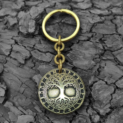 Brass Coin Keychain Tree of Life Yggdrasil – Personalized Gift, Symbol of Harmony and Strength