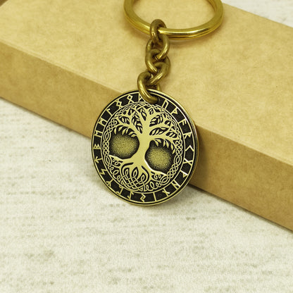 Brass Coin Keychain Tree of Life Yggdrasil – Personalized Gift, Symbol of Harmony and Strength
