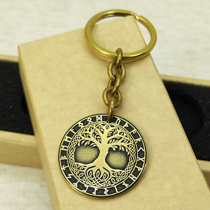 Brass Coin Keychain Tree of Life Yggdrasil – Personalized Gift, Symbol of Harmony and Strength