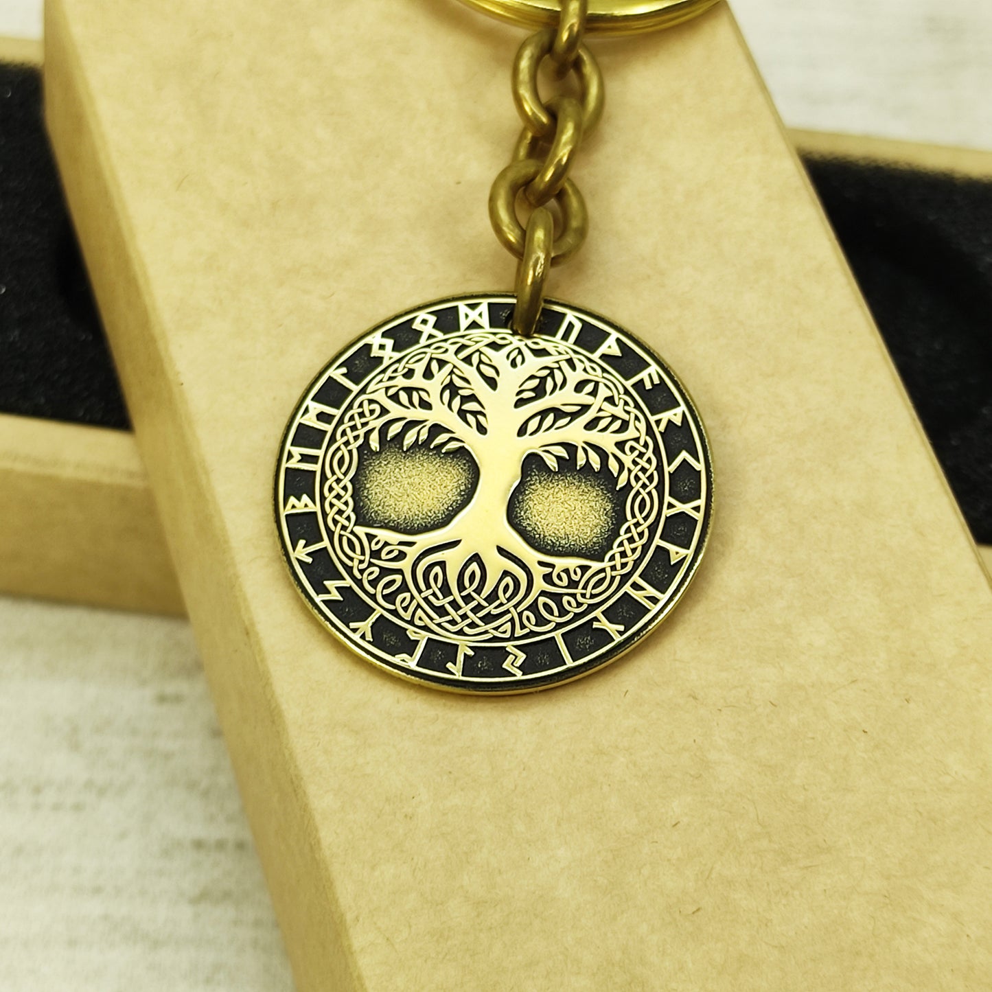 Brass Coin Keychain Tree of Life Yggdrasil – Personalized Gift, Symbol of Harmony and Strength