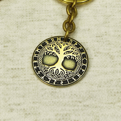 Brass Coin Keychain Tree of Life Yggdrasil – Personalized Gift, Symbol of Harmony and Strength