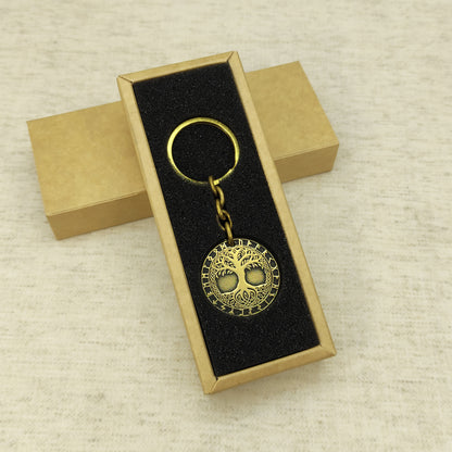 Brass Coin Keychain Tree of Life Yggdrasil – Personalized Gift, Symbol of Harmony and Strength
