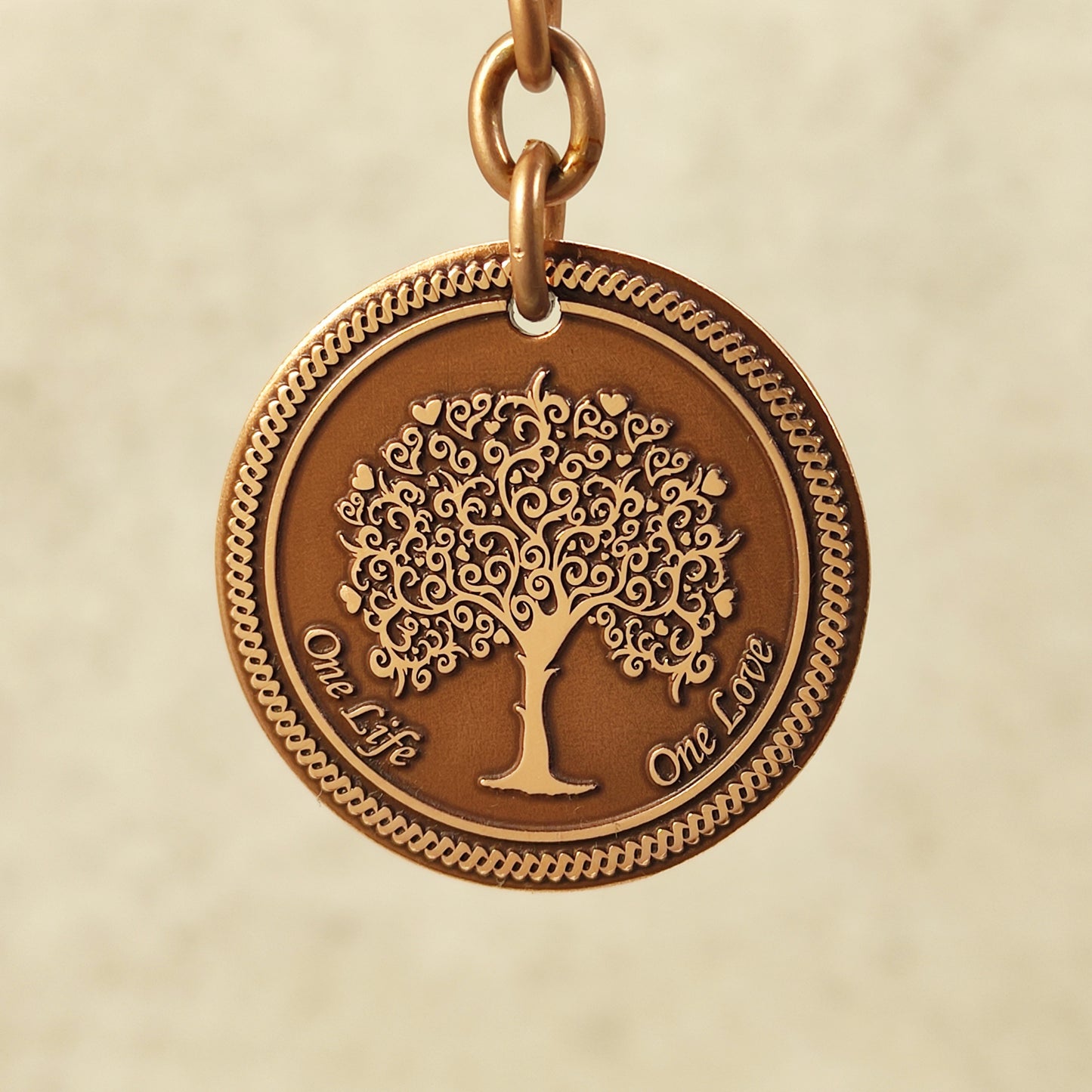 Copper Coin Keychain "Tree of Life" with Engraving — One Life One Love, Elegant Symbolic Accessory
