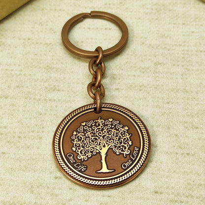 Copper Coin Keychain "Tree of Life" with Engraving — One Life One Love, Elegant Symbolic Accessory