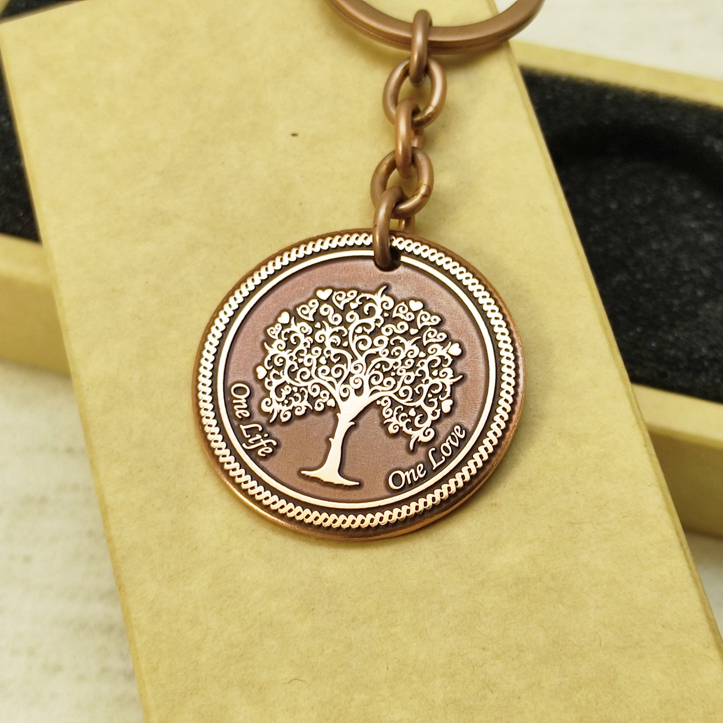 Copper Coin Keychain "Tree of Life" with Engraving — One Life One Love, Elegant Symbolic Accessory