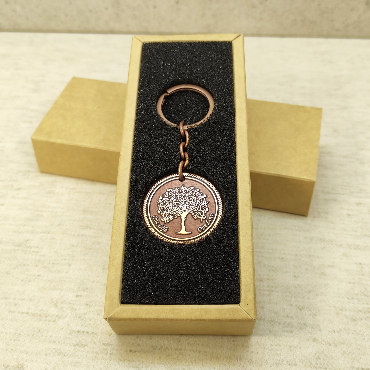 Copper Coin Keychain "Tree of Life" with Engraving — One Life One Love, Elegant Symbolic Accessory