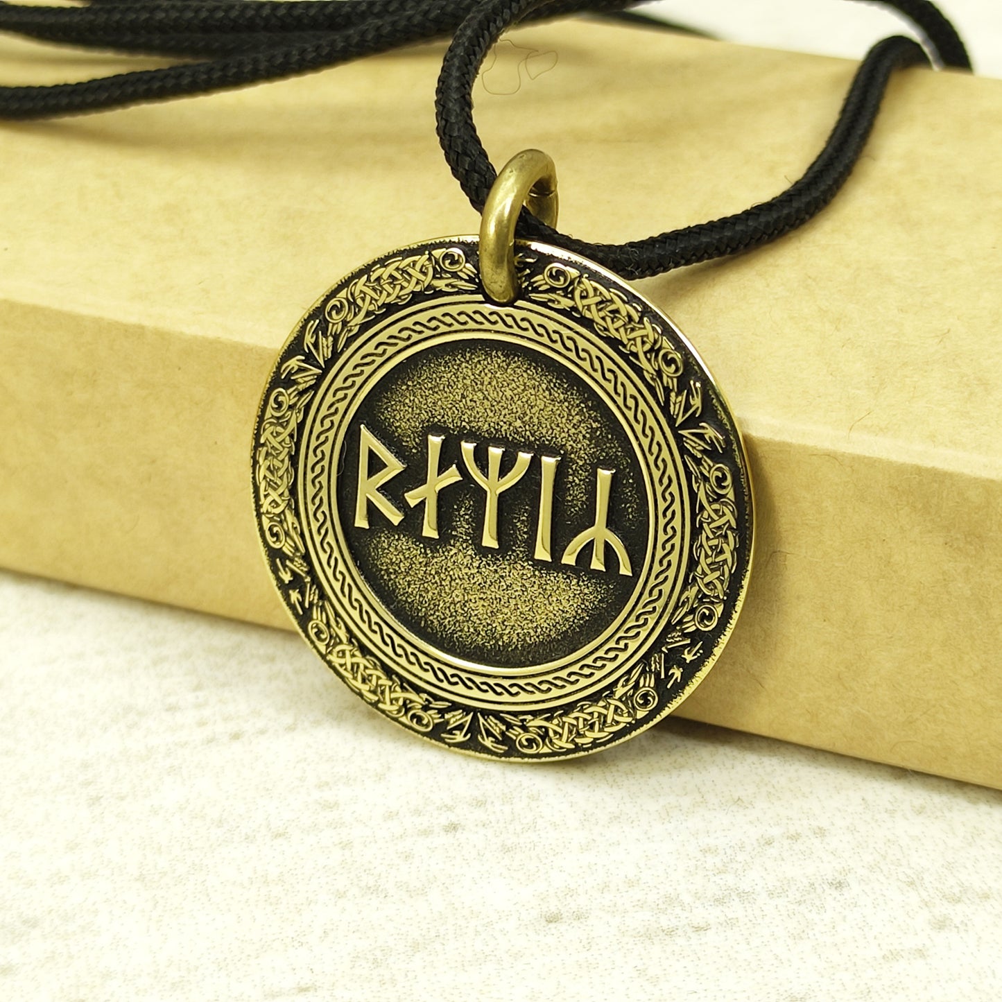 Brass Rune Coin Pendant with Personalization - Norse Amulet Gift