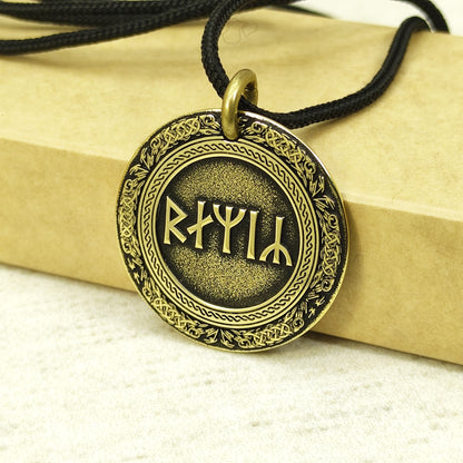 Brass Rune Coin Pendant with Personalization - Norse Amulet Gift