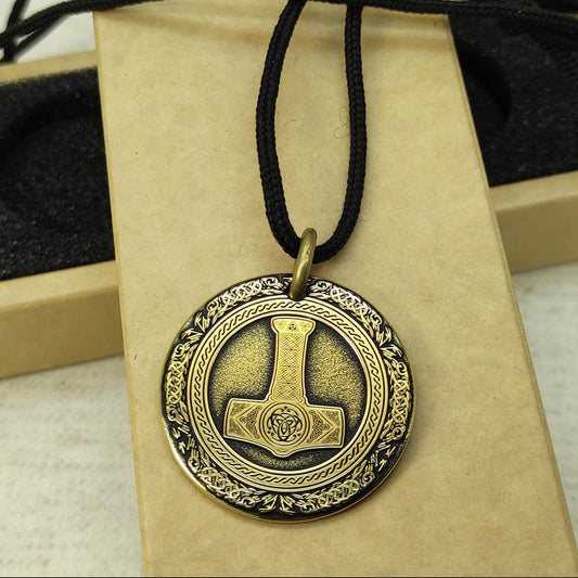 Brass Thor’s Hammer Coin Pendant - Norse Amulet with Personalization