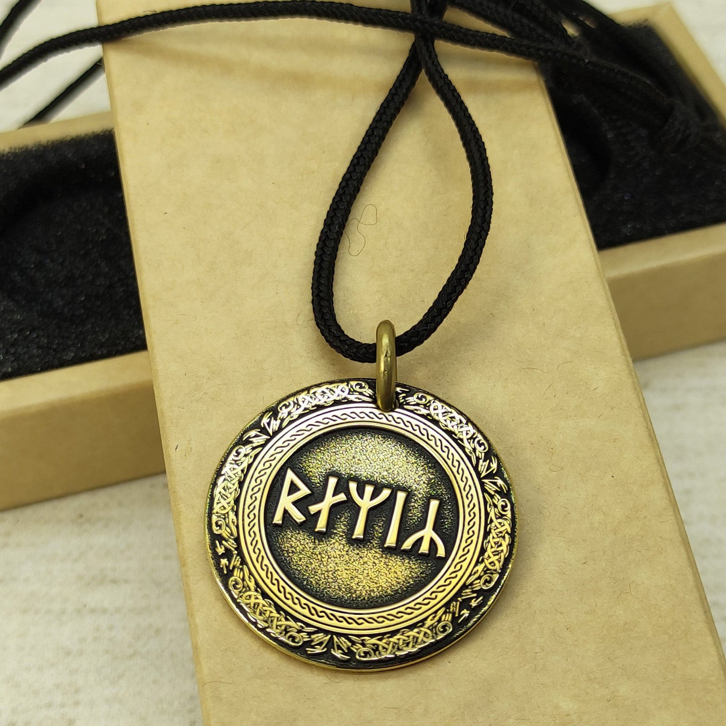 Brass Rune Coin Pendant with Personalization - Norse Amulet Gift