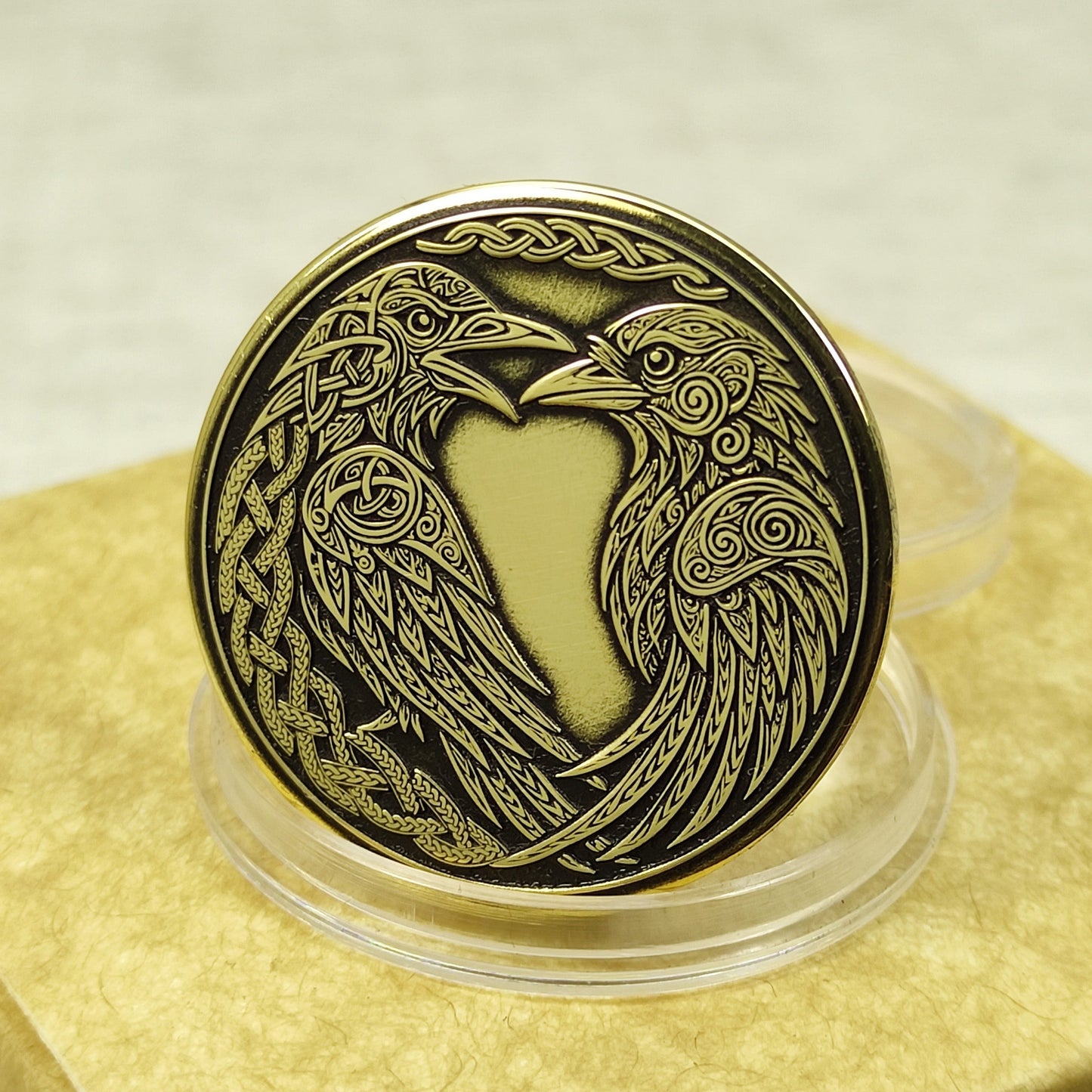 Personalized Brass Coin with Odin’s Ravens — Huginn and Muninn