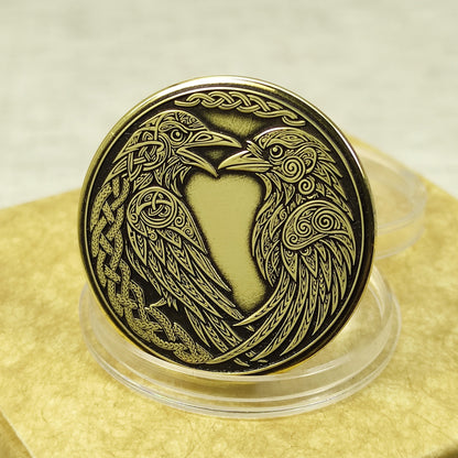 Personalized Brass Coin with Odin’s Ravens — Huginn and Muninn