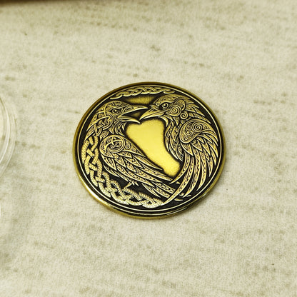 Personalized Brass Coin with Odin’s Ravens — Huginn and Muninn