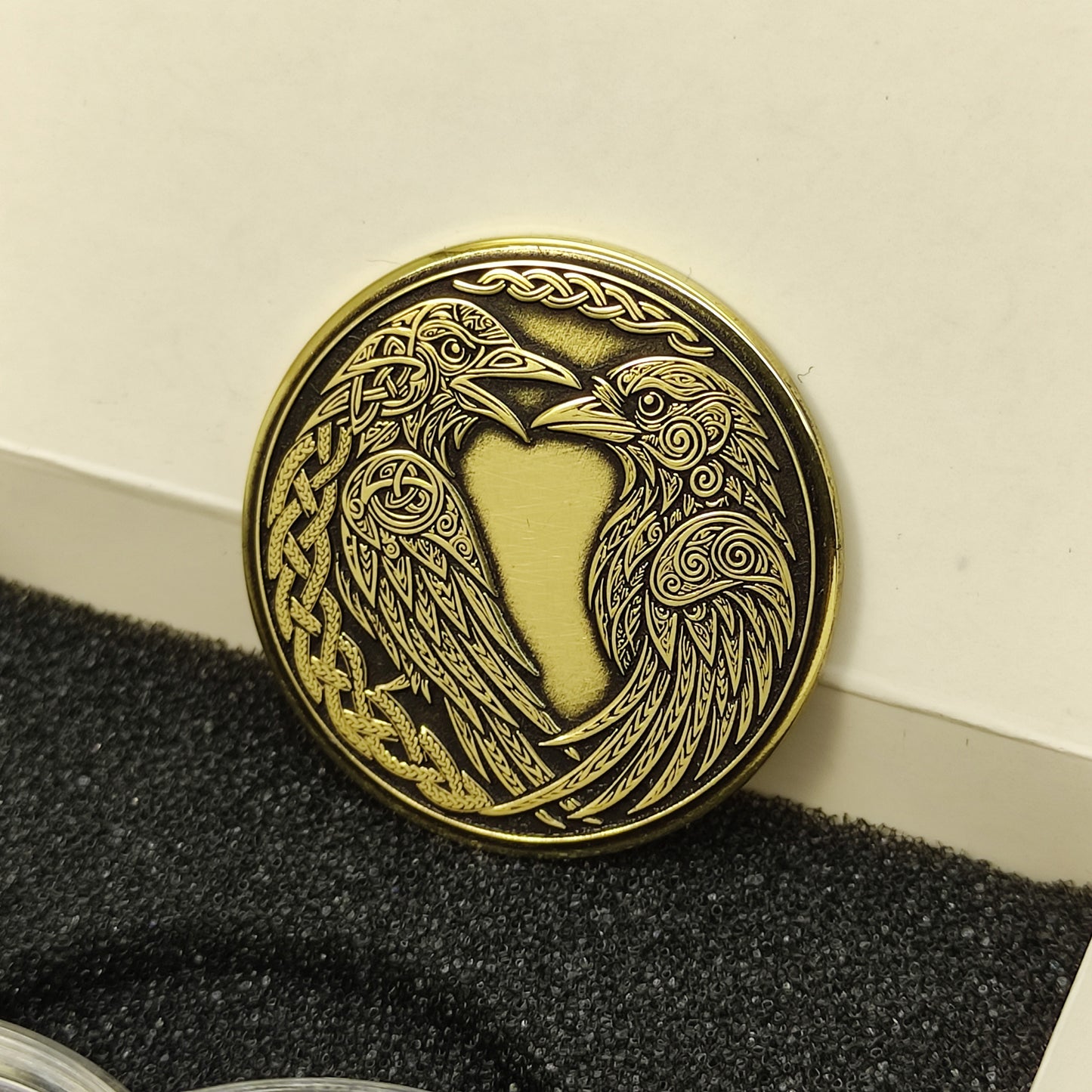 Personalized Brass Coin with Odin’s Ravens — Huginn and Muninn