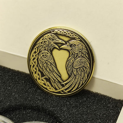 Personalized Brass Coin with Odin’s Ravens — Huginn and Muninn