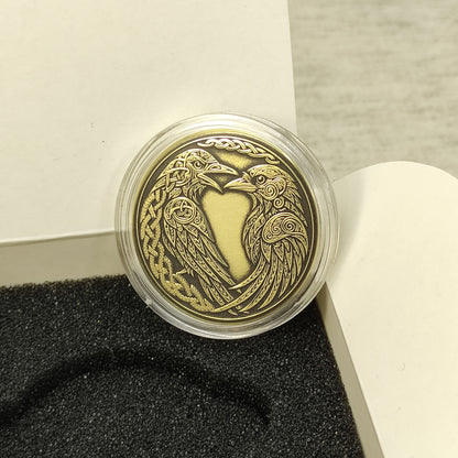 Personalized Brass Coin with Odin’s Ravens — Huginn and Muninn
