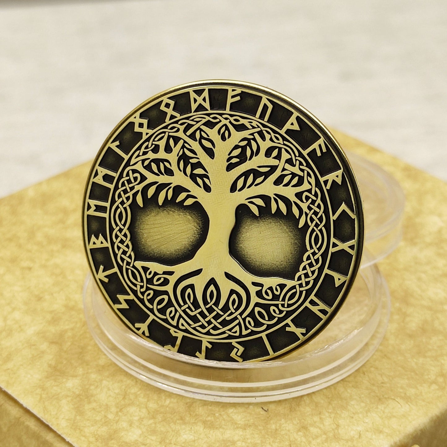 Brass Coin "Tree of Life (Yggdrasil)" with Custom Engraving – Norse Symbol of Strength, Harmony & Eternity